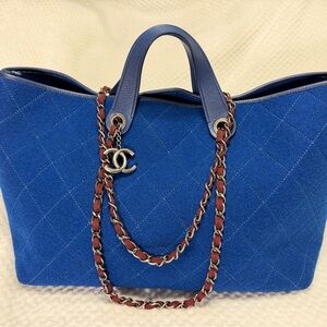 CHANEL RARE Blue Deauville Wool Quilted Tote with Woven Chain strap